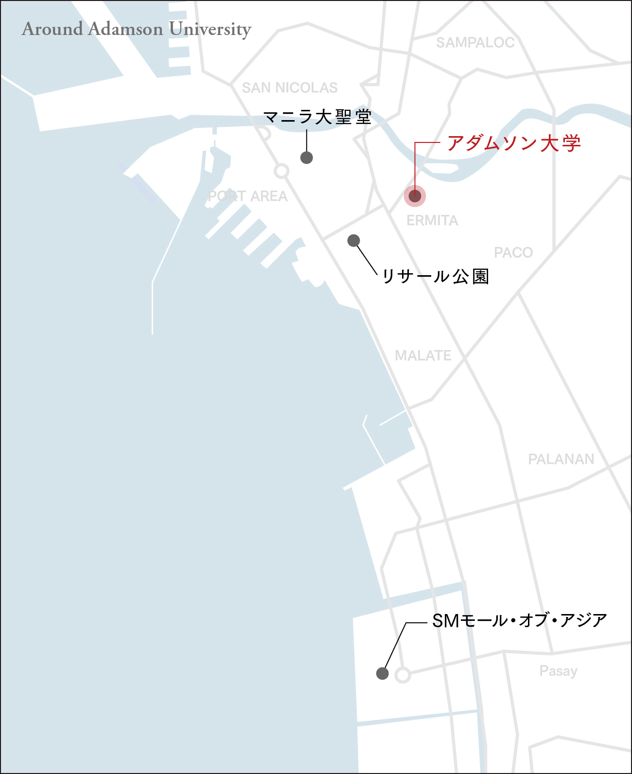アダムソン大学周辺施設へのマップ